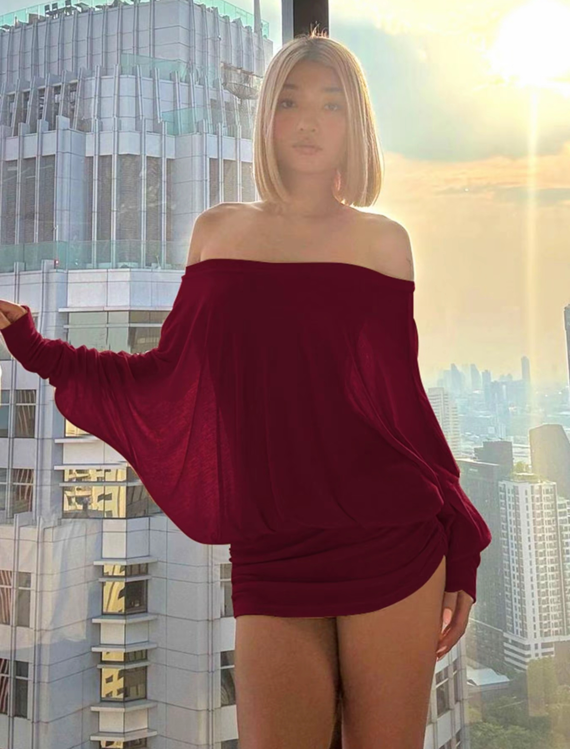 Women's Sheer Ruched Party Dress, Off-The-Shoulder Long Sleeve Women's Mini Dress for Spring & Fall