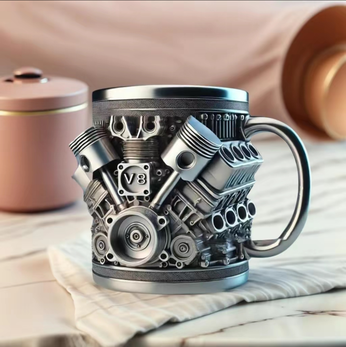 Personalized Stainless Steel Mug - V8 Engine Design, 10oz Handcrafted Durable & Stylish, Perfect for Car Enthusiasts,Coffee Cup,Birthday Present,Holiday Gift