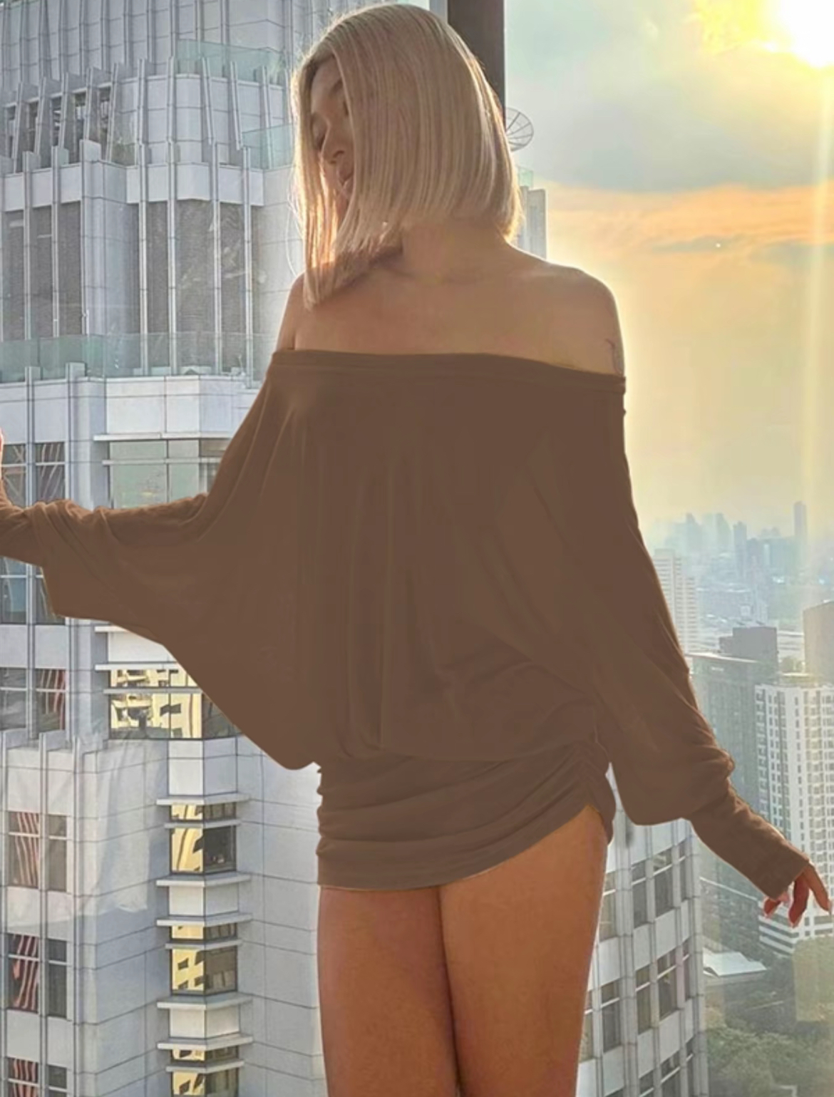 Women's Sheer Ruched Party Dress, Off-The-Shoulder Long Sleeve Women's Mini Dress for Spring & Fall