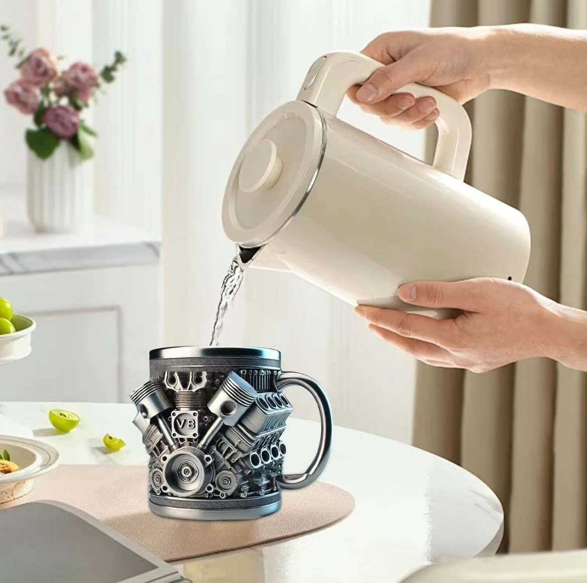 Personalized Stainless Steel Mug - V8 Engine Design, 10oz Handcrafted Durable & Stylish, Perfect for Car Enthusiasts,Coffee Cup,Birthday Present,Holiday Gift