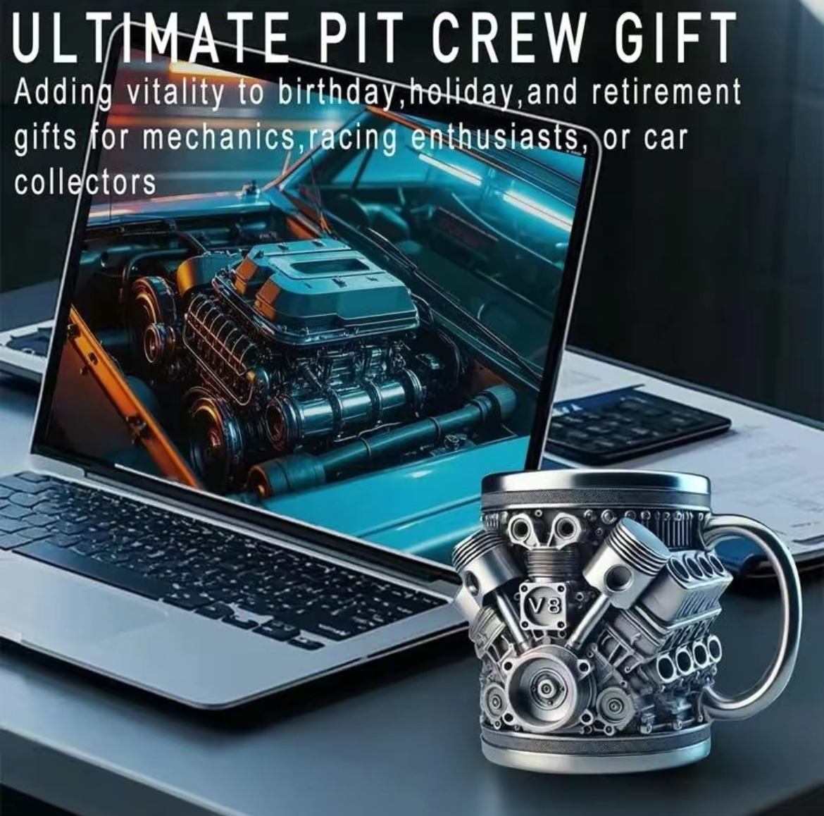 Personalized Stainless Steel Mug - V8 Engine Design, 10oz Handcrafted Durable & Stylish, Perfect for Car Enthusiasts,Coffee Cup,Birthday Present,Holiday Gift