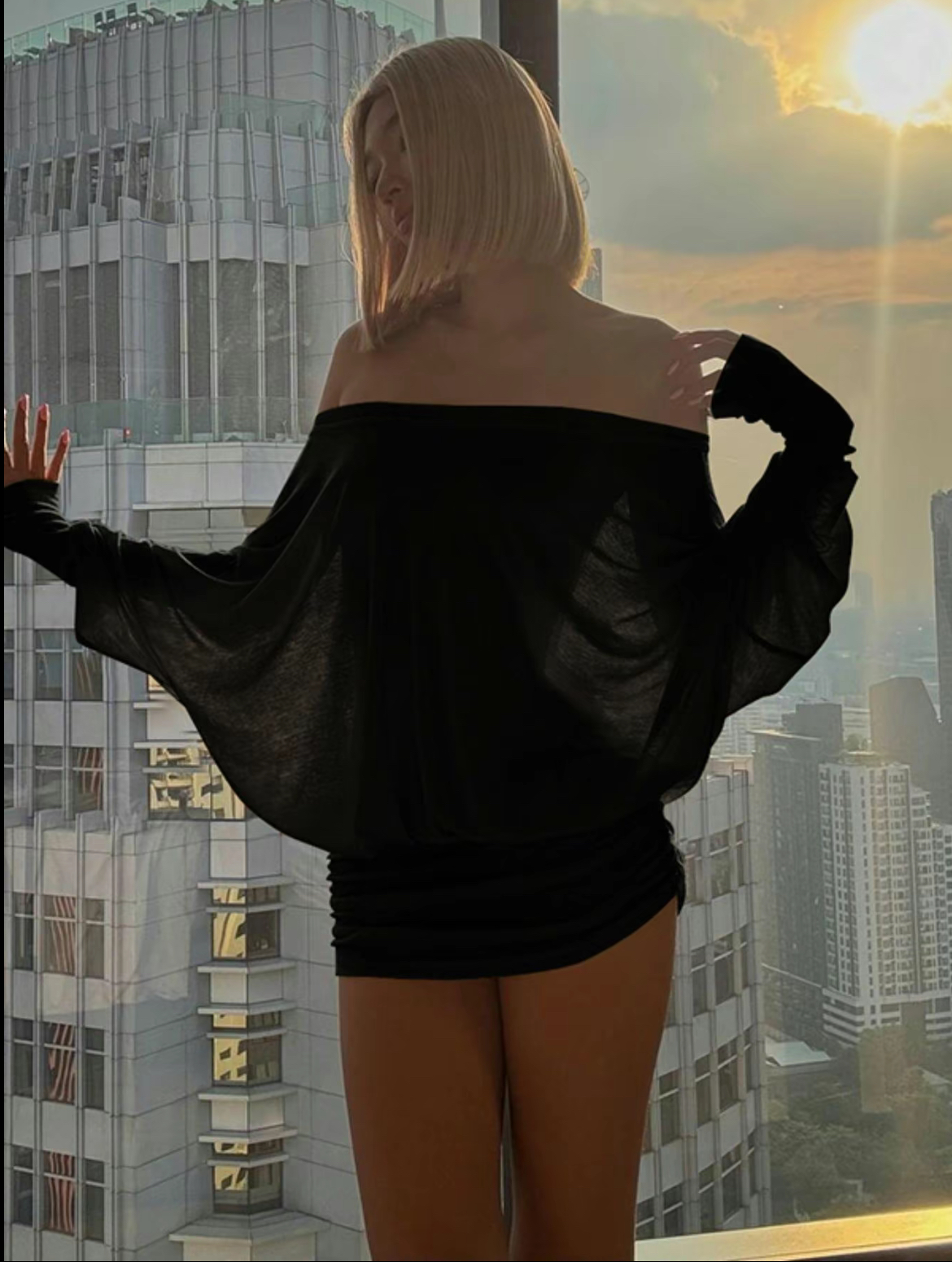 Women's Sheer Ruched Party Dress, Off-The-Shoulder Long Sleeve Women's Mini Dress for Spring & Fall