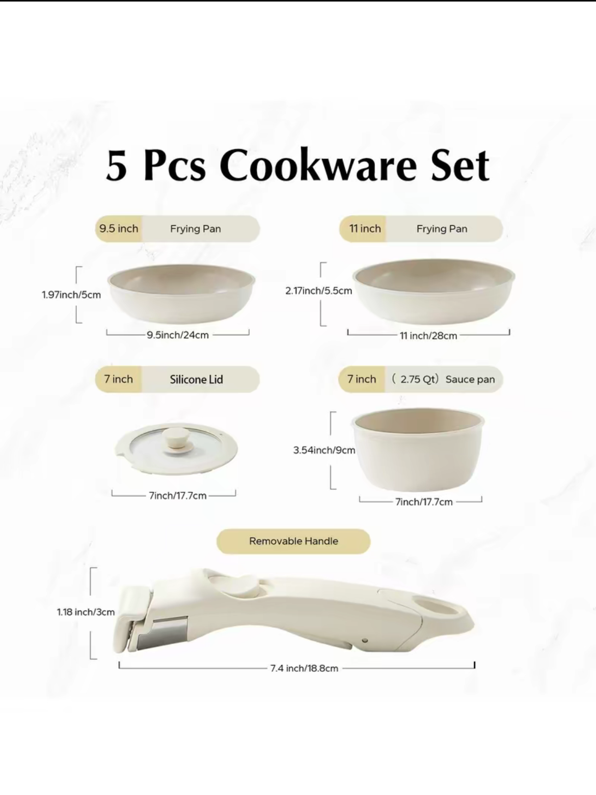 Redchef - ensemble de casseroles et poêles en céramique, antiadhésives, antiadhésives, Non toxiques, antiadhésives, sans PFAS PFOA et PTFE, poignée détachable, 5 pièces, ustensiles de cuisine pour camping-car