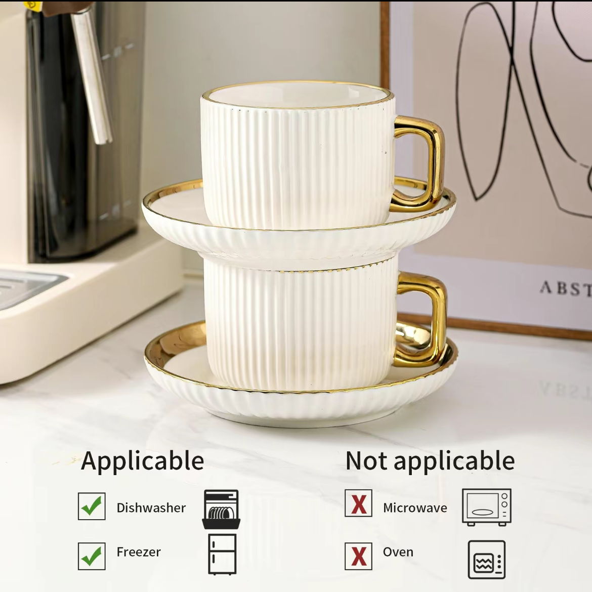 Ceramic Tea Cup & Saucer Set, 4/6 Sets Modern Stripe Design Coffee Cup & Saucer, Drinking Supplies for Home Office Use