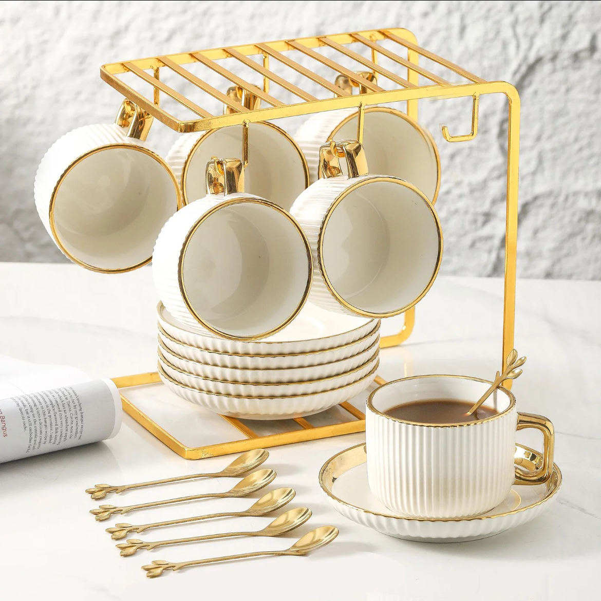 Ceramic Tea Cup & Saucer Set, 4/6 Sets Modern Stripe Design Coffee Cup & Saucer, Drinking Supplies for Home Office Use