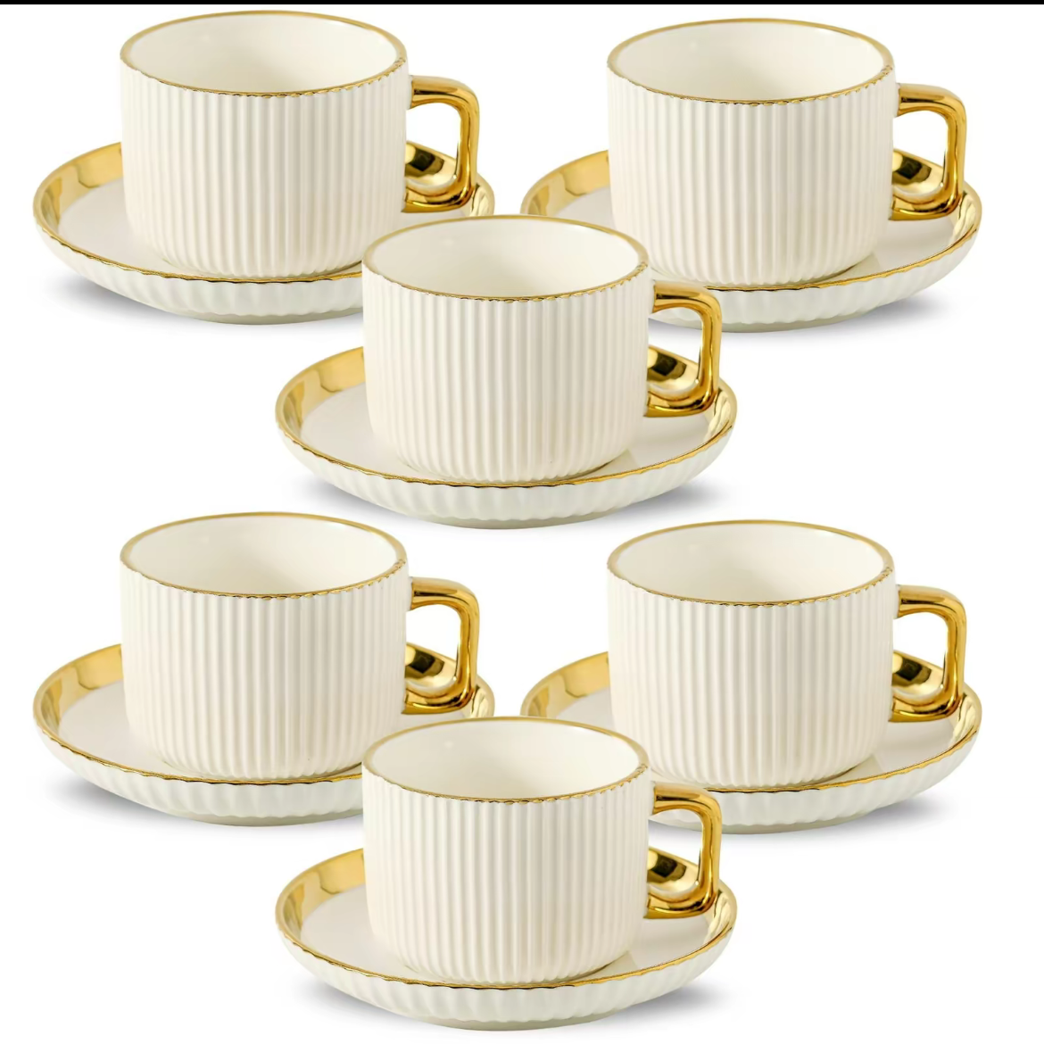 Ceramic Tea Cup & Saucer Set, 4/6 Sets Modern Stripe Design Coffee Cup & Saucer, Drinking Supplies for Home Office Use