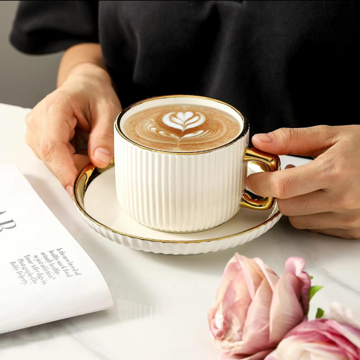 Ceramic Tea Cup & Saucer Set, 4/6 Sets Modern Stripe Design Coffee Cup & Saucer, Drinking Supplies for Home Office Use