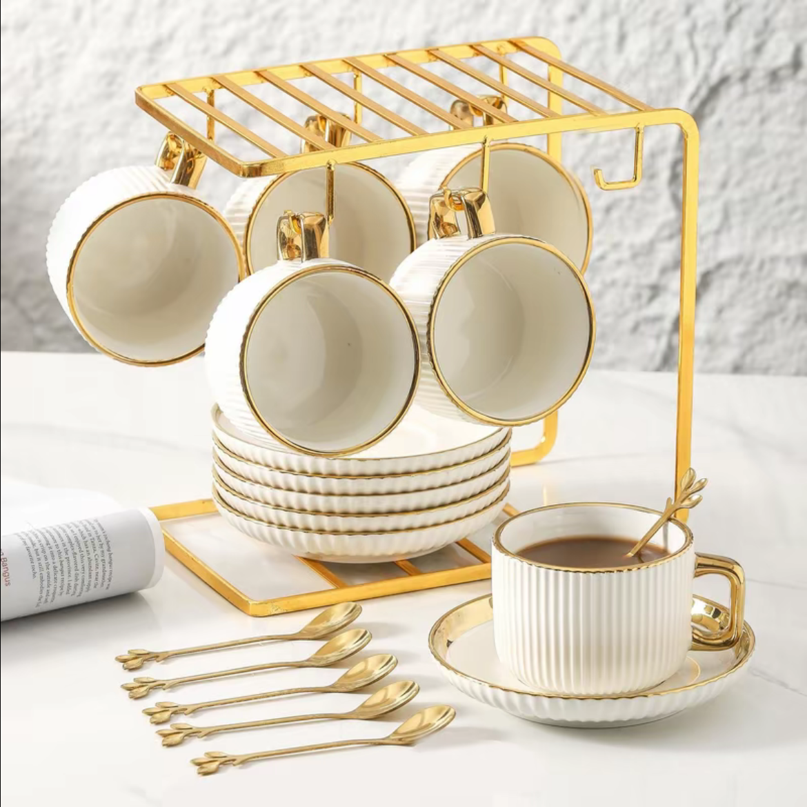 Ceramic Tea Cup & Saucer Set, 4/6 Sets Modern Stripe Design Coffee Cup & Saucer, Drinking Supplies for Home Office Use
