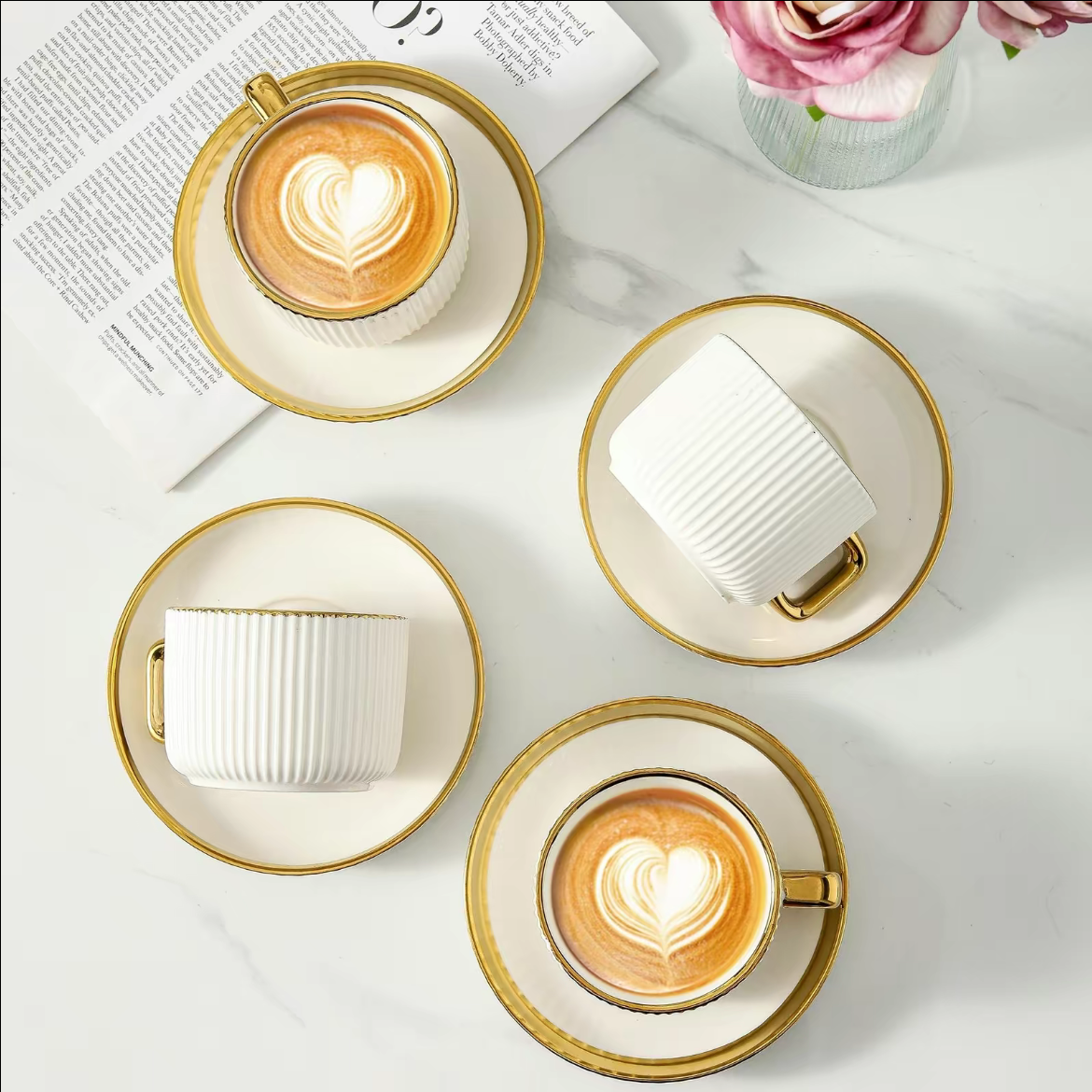 Ceramic Tea Cup & Saucer Set, 4/6 Sets Modern Stripe Design Coffee Cup & Saucer, Drinking Supplies for Home Office Use