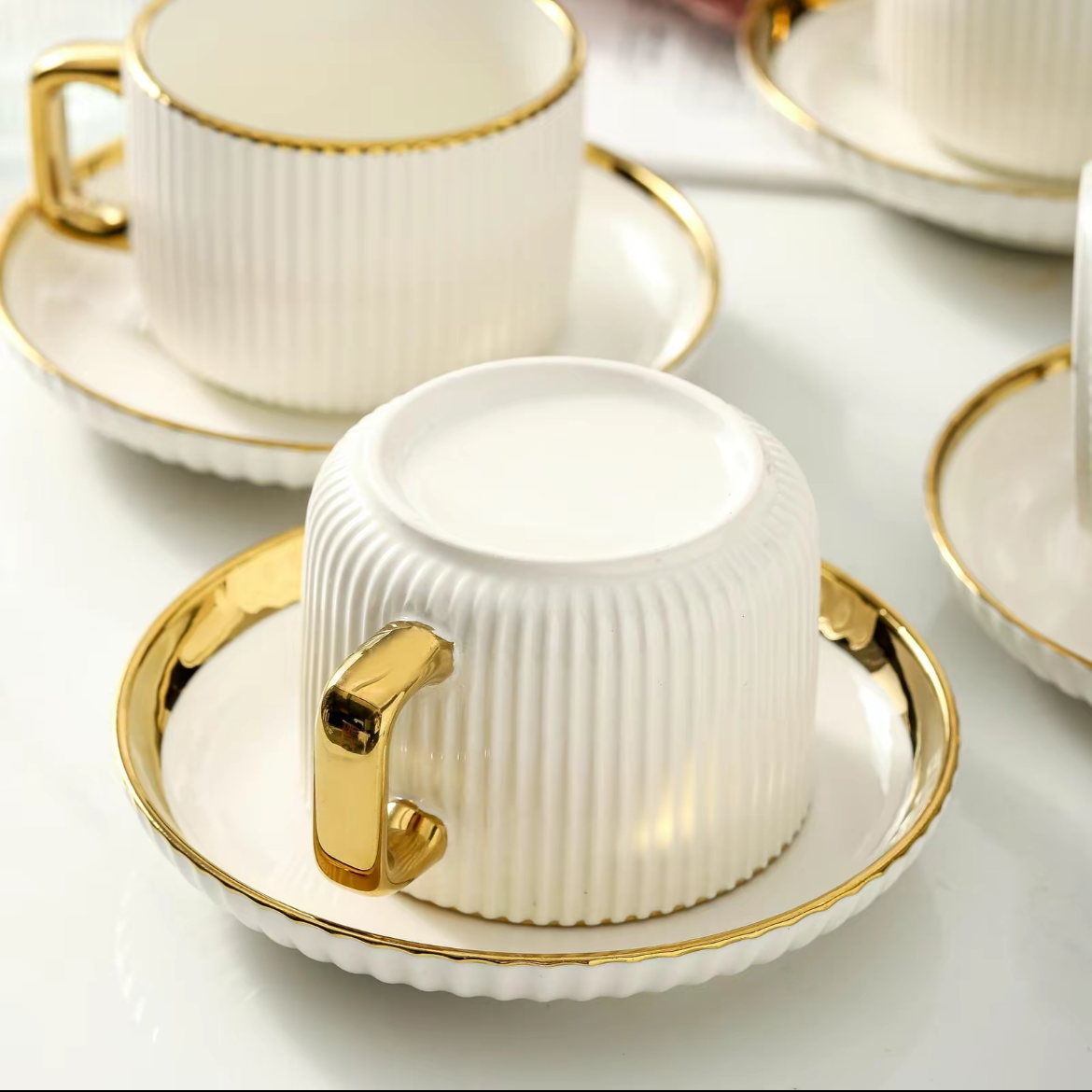 Ceramic Tea Cup & Saucer Set, 4/6 Sets Modern Stripe Design Coffee Cup & Saucer, Drinking Supplies for Home Office Use