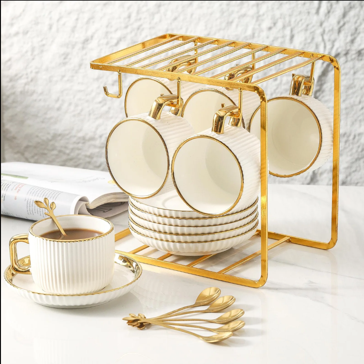 Ceramic Tea Cup & Saucer Set, 4/6 Sets Modern Stripe Design Coffee Cup & Saucer, Drinking Supplies for Home Office Use