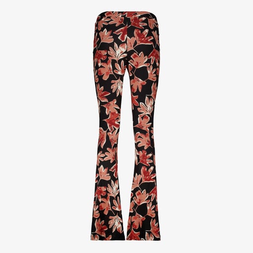 Dames flared broek met bladerenprint zwart bruin