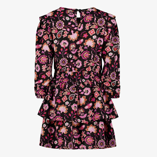 Meisjes jurk met bloemenprint en ruches zwart roze
