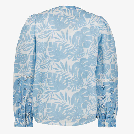 Dames blouse met print en broderie blauw wit