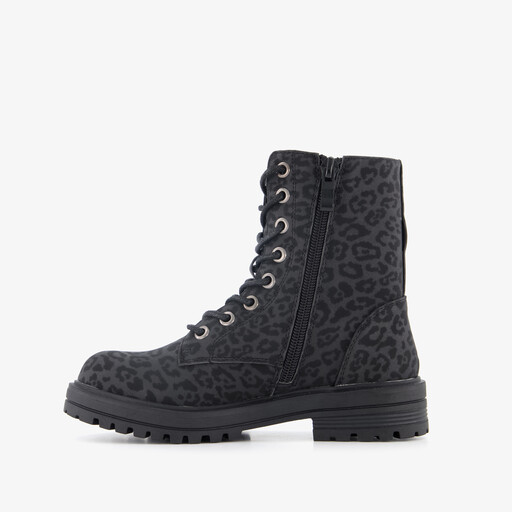 Meisjes veterboots met luipaardprint zwart
