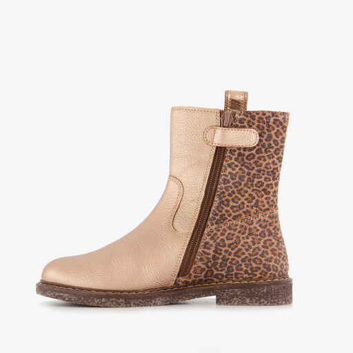 Leren meisjes enkellaarsjes met panterprint details goud