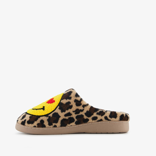 Dames pantoffels met panterprint en een smiley bruin