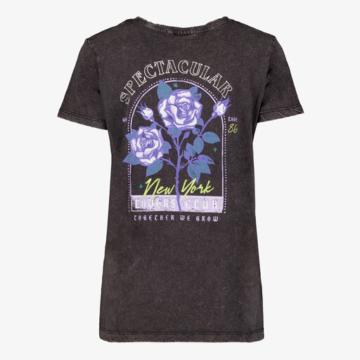 Dames T-shirt acid wash met backprint zwart