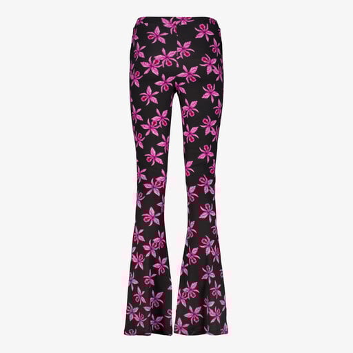 Dames flared broek bruin met bloemenprint zwart