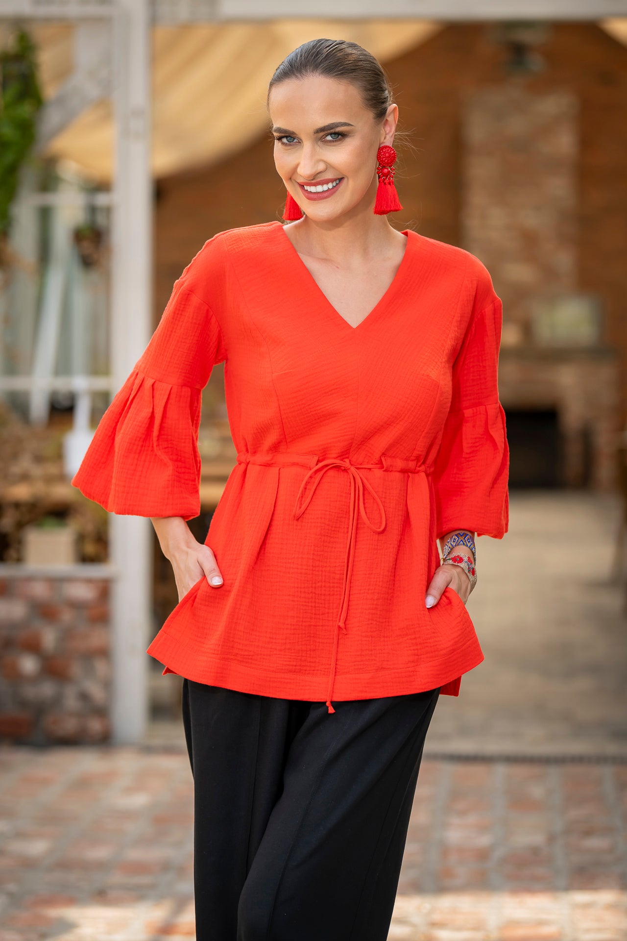 Bluza roșie din muselină de bumbac