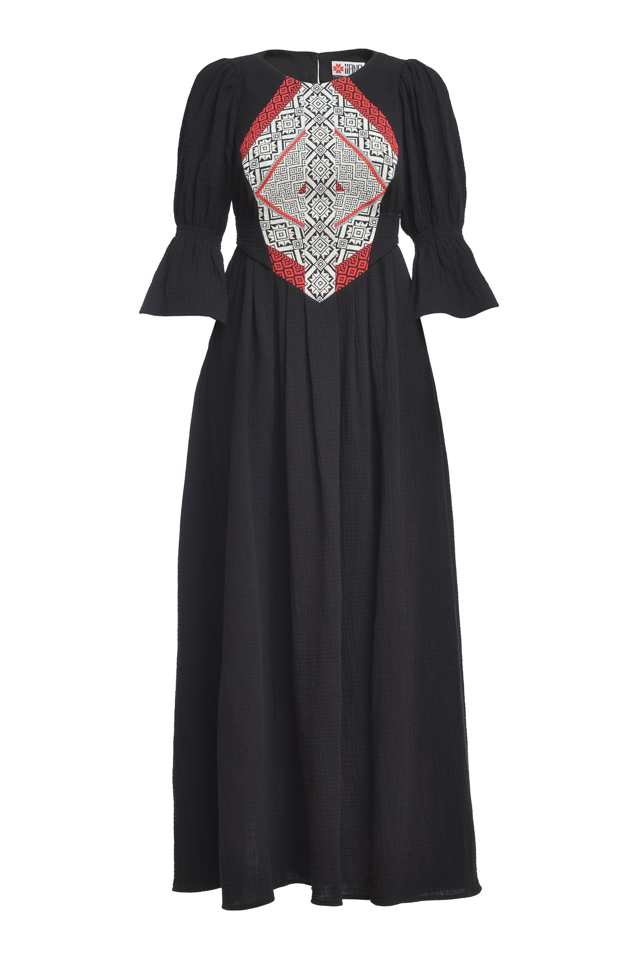 Rochia etno din muselină neagră și corset românesc din jacquard tradițional