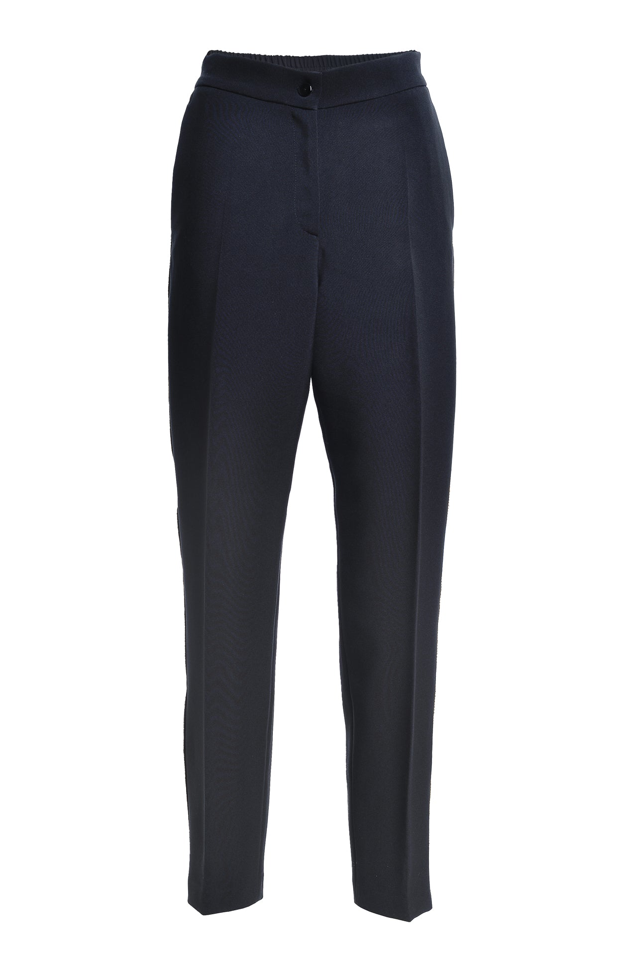 Pantaloni Conici din Stofa Neagra cu Banda Laterala din Jacquard Floral