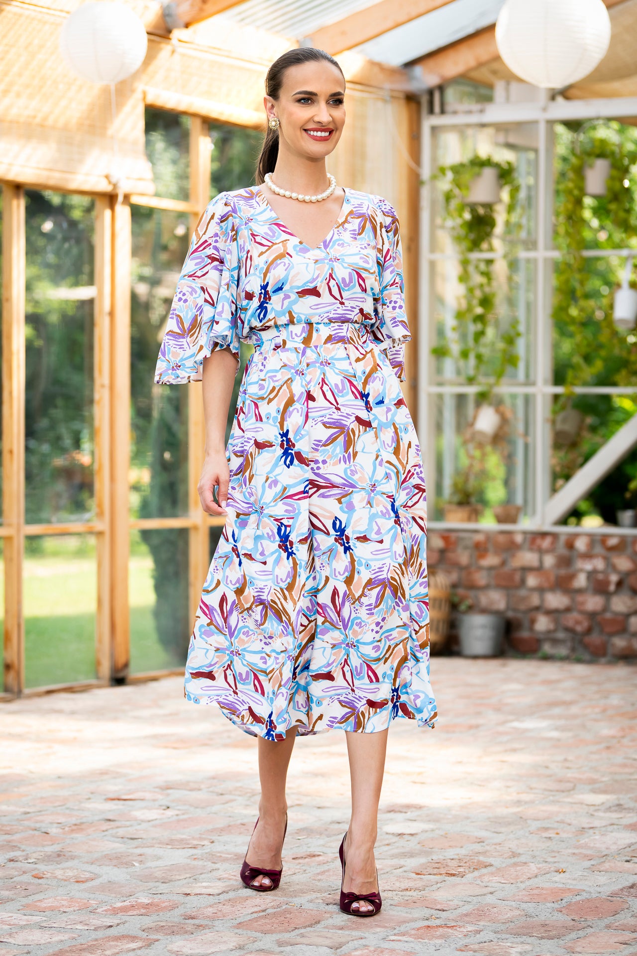 Rochie midi din viscoză cu flori mari Malini