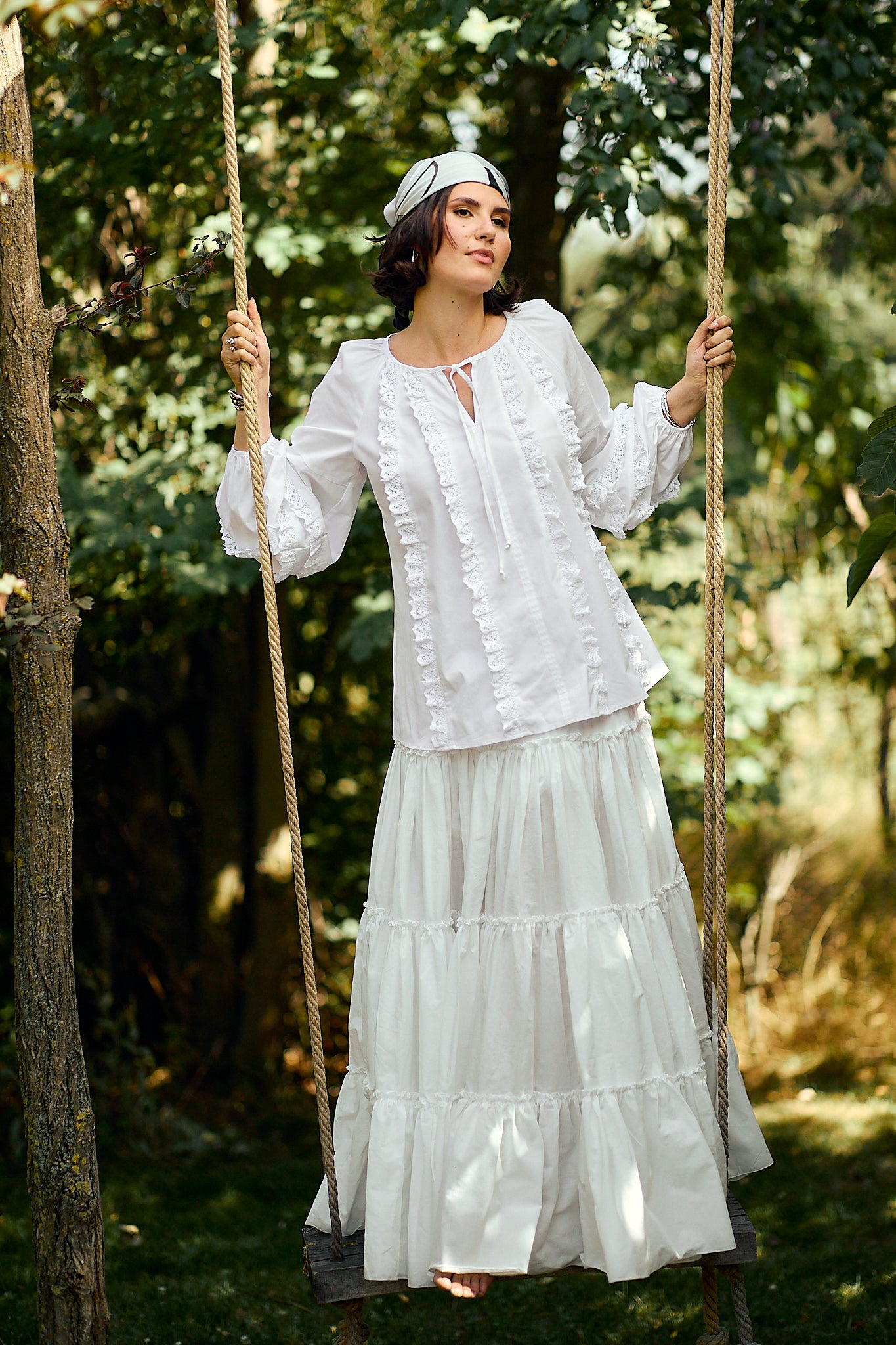 Fusta Alba Din Bumbac Boho cu Volane