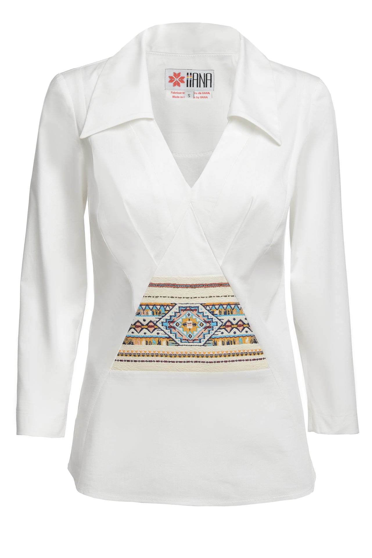 Cămașa albă din poplin cu jacquard etnic țesut cu motive tradiționale
