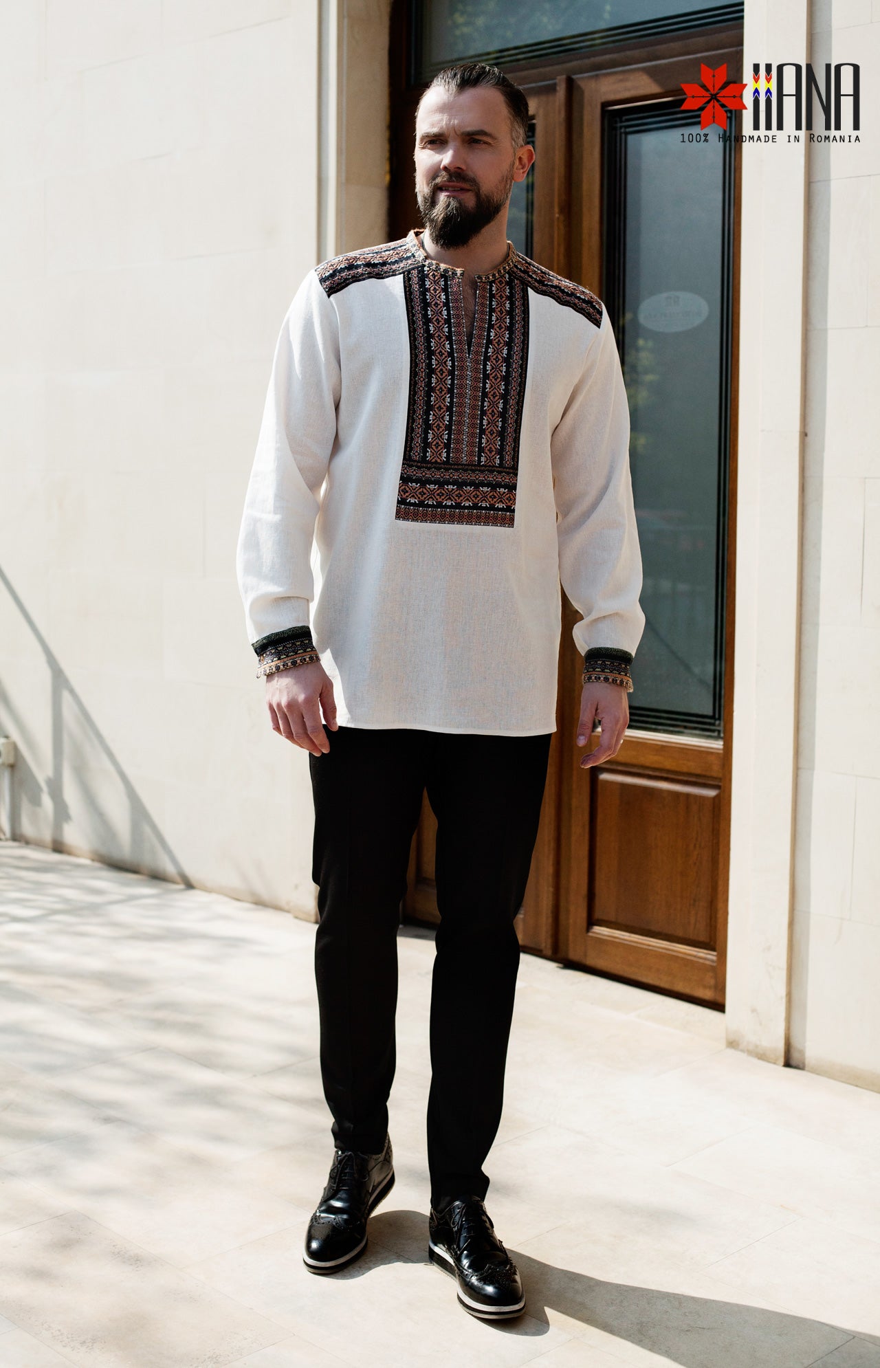 Camasa Barbateasca Traditionala Pamant cu Motive Populare