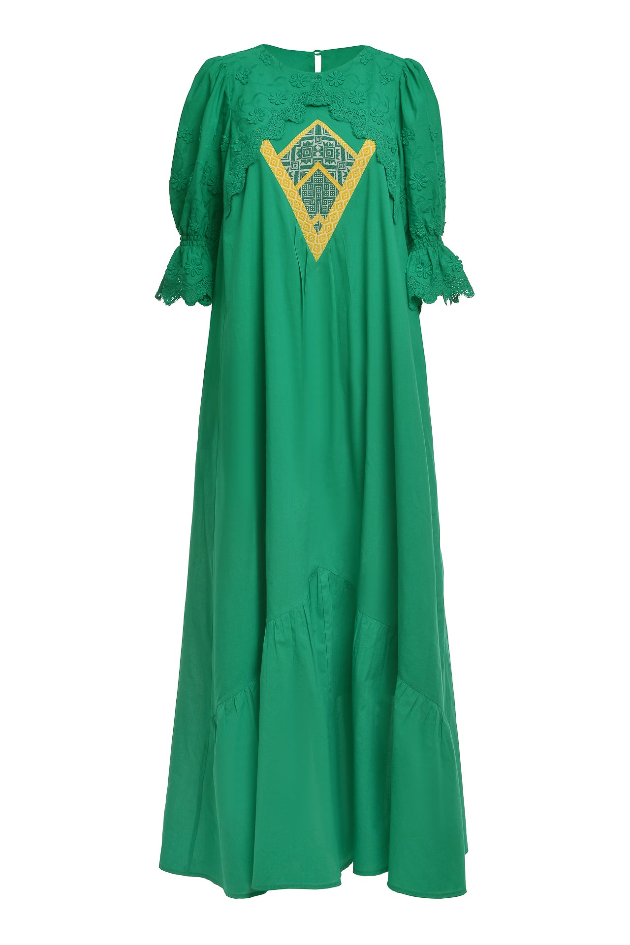 Rochia lungă verde din batist cu jacquard etnic și broderie tridimensională