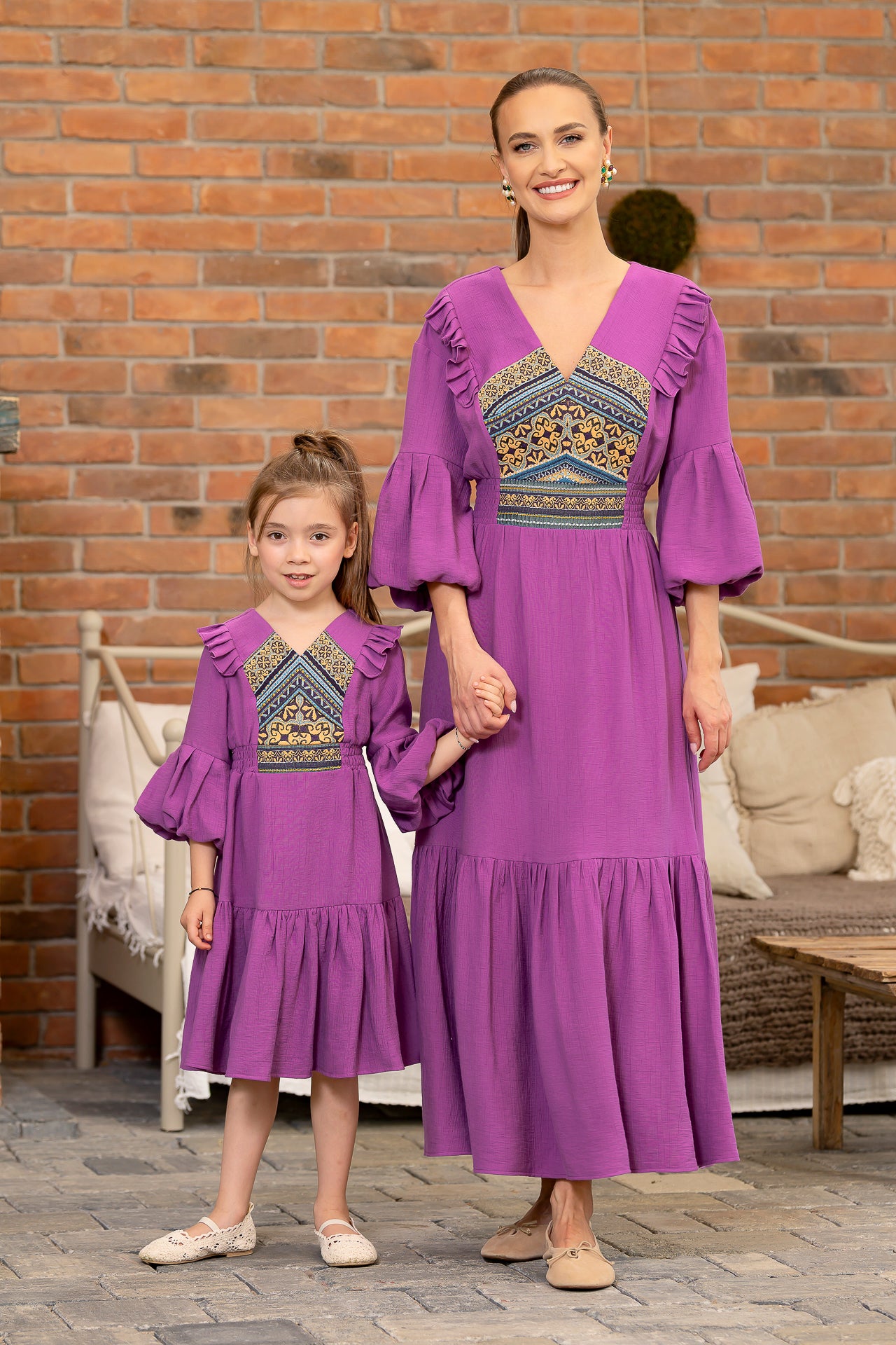 Rochia pentru fetițe lila din pânză de bumbac și jacquard țesut 8-9 ani