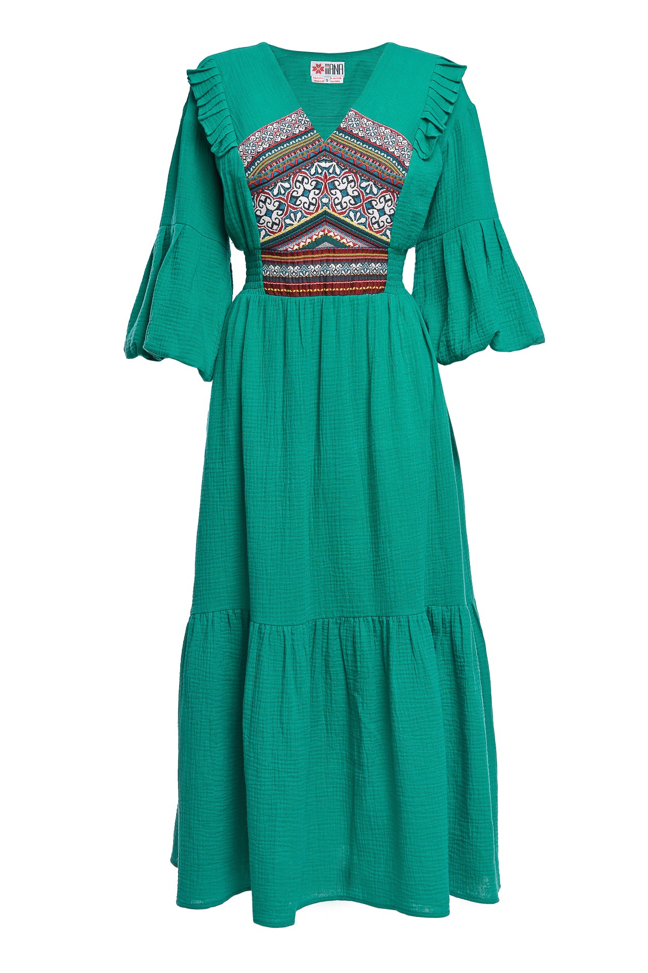 Rochia de horă din pânză topită verde cu jacquard etnic țesut