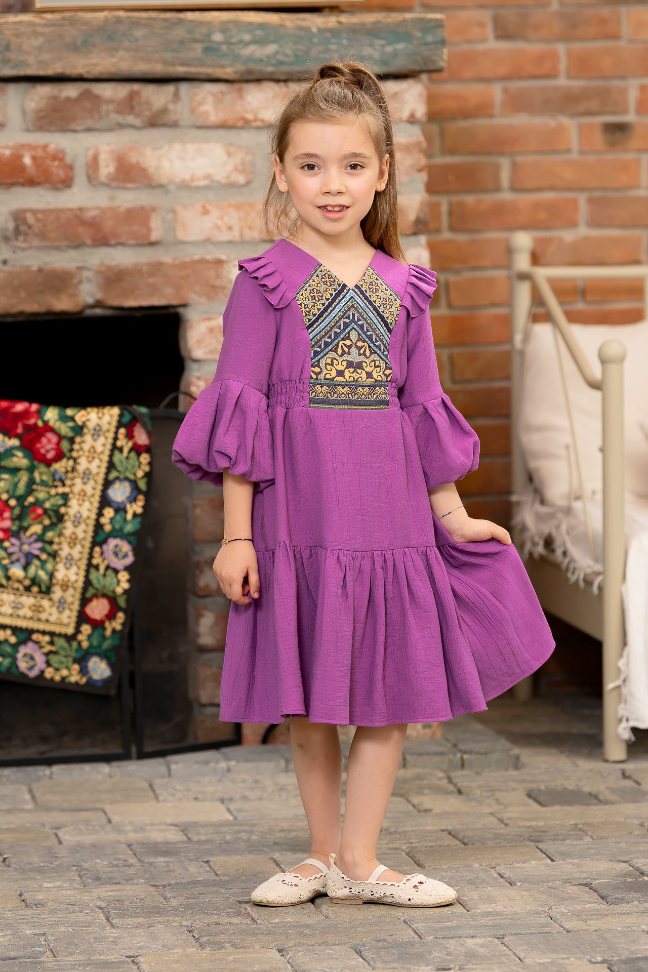 Rochia pentru fetițe lila din pânză de bumbac și jacquard etnic țesut 6-7 ani