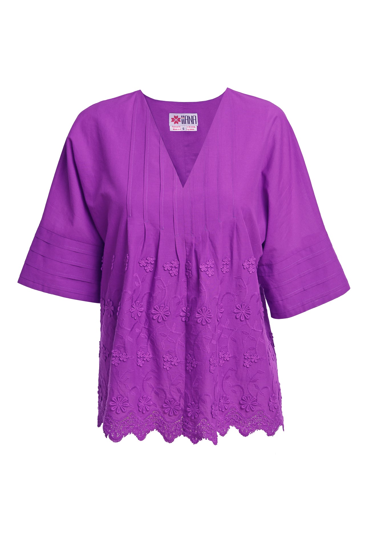 Bluza kimono violet din batist de bumbac și broderie tridimensională