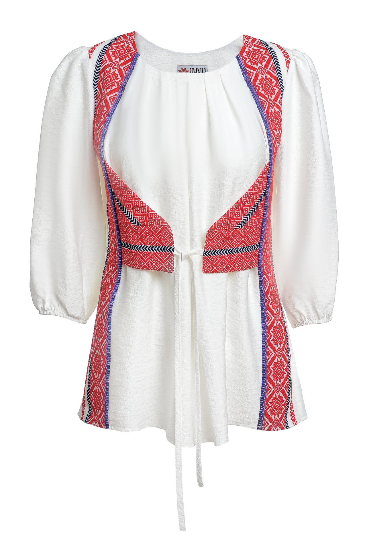 Bluza alba cu pieptar tesut rosu