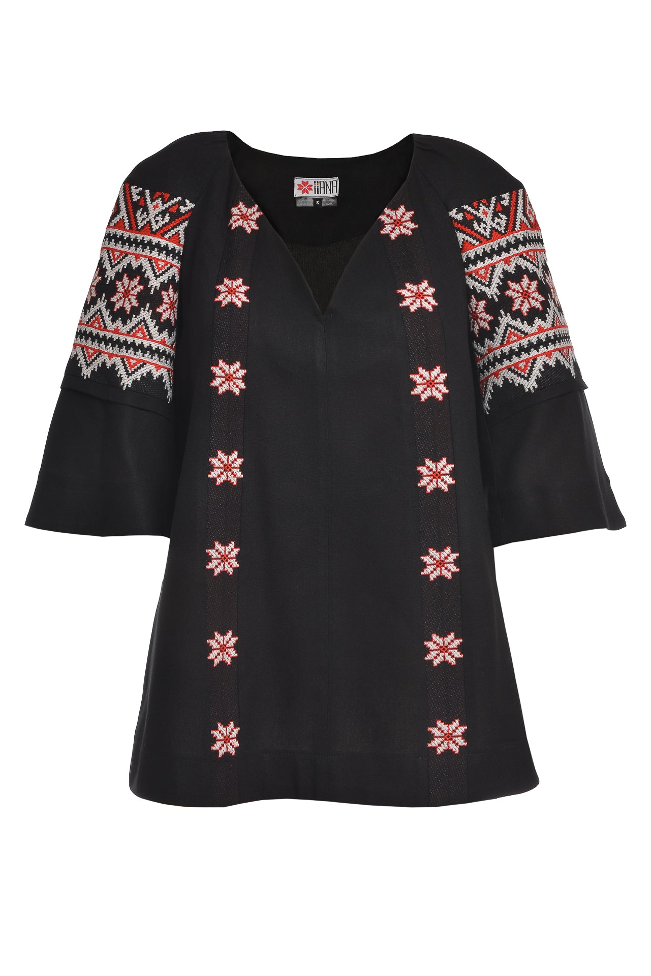 Ie neagră stilizată din in și jacquard etnic țesut Irina