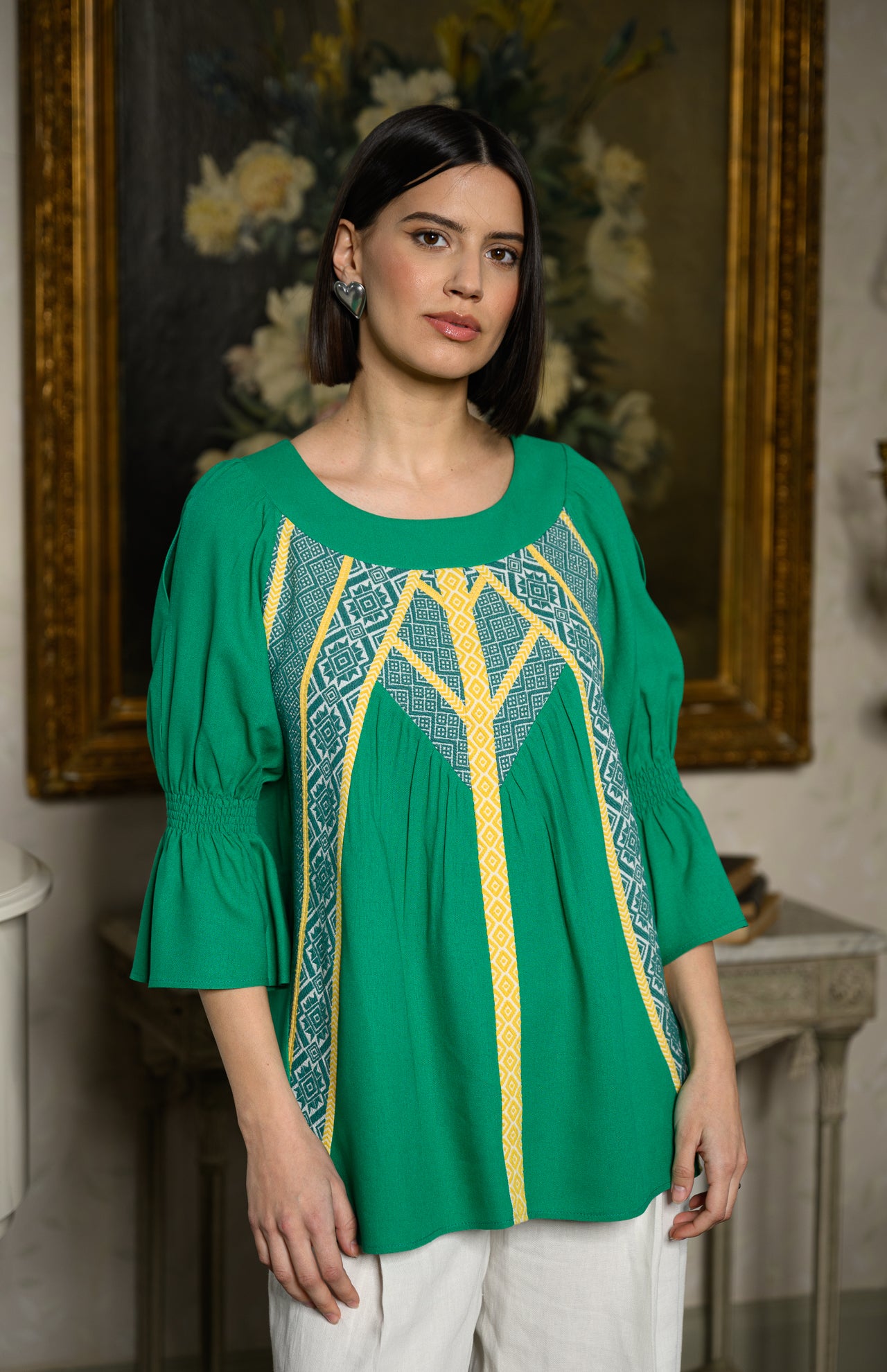 Bluză stilizată din in verde cu motive tradiționale Veronica