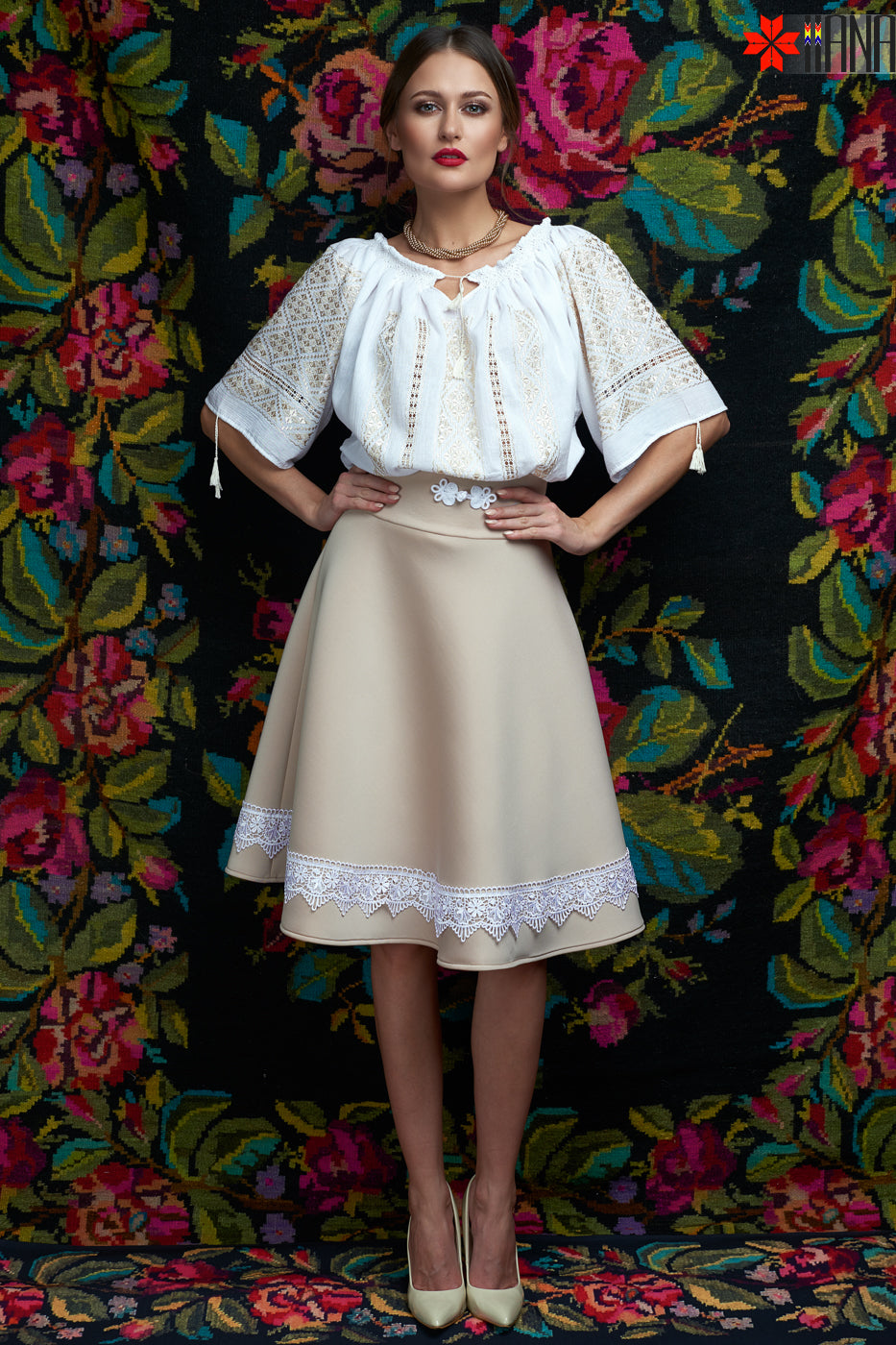 Ie Tradițională Românească Mânecă Scurtă Cusută Manual Motivul Altiță Aurie