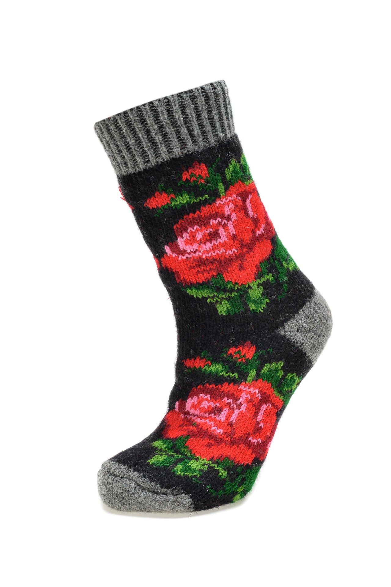 Sosete Negre din Lana cu Trandafiri Rosii
