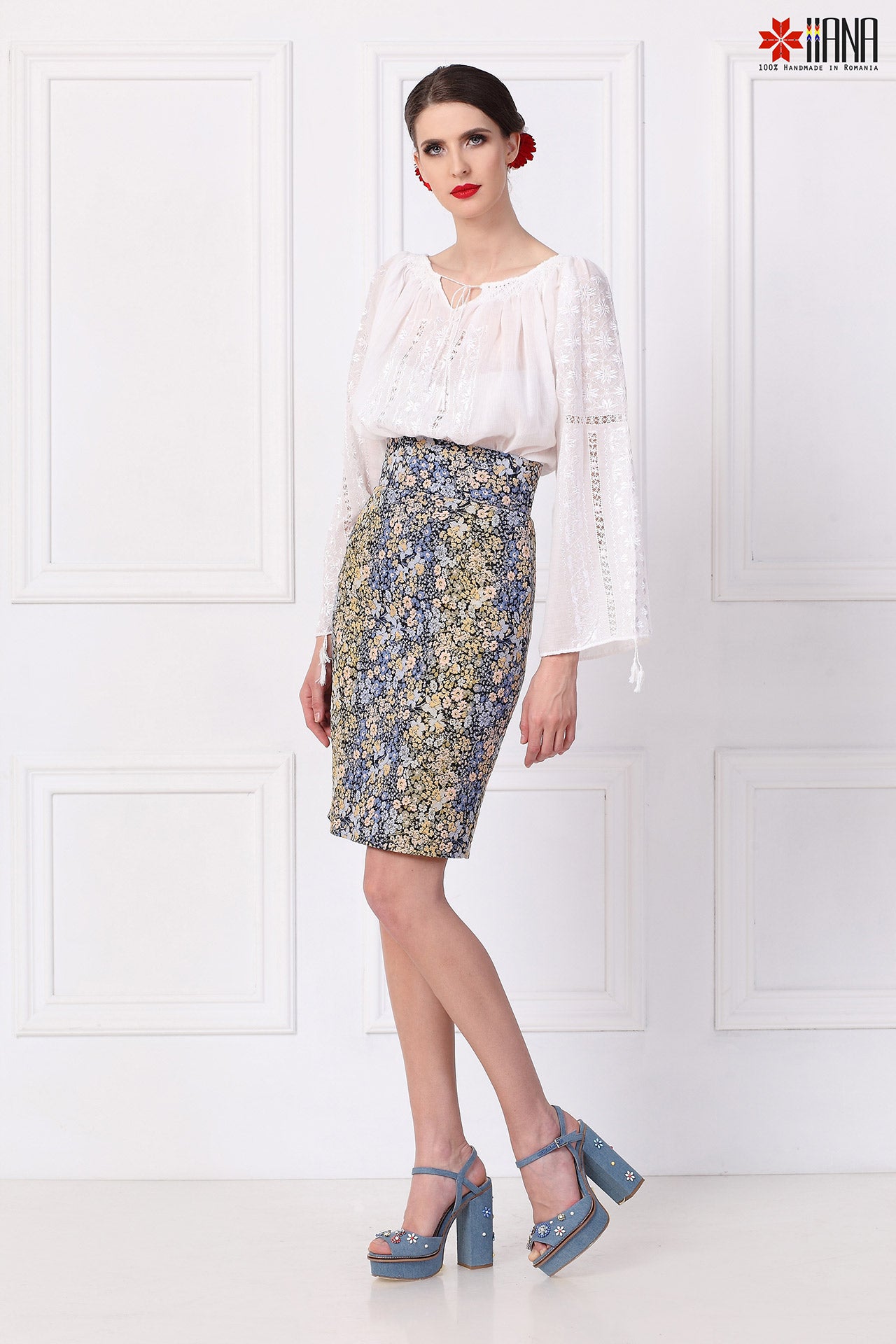 Fusta Dreapta din Jacquard cu Motive Florale