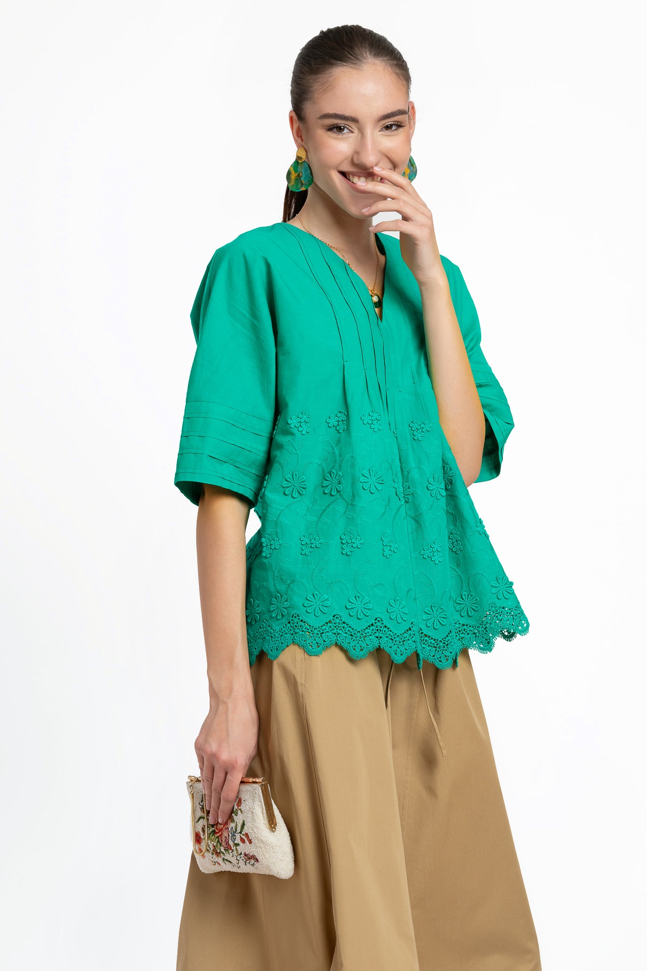 Bluza kimono verde din batist de bumbac și broderie tridimensională