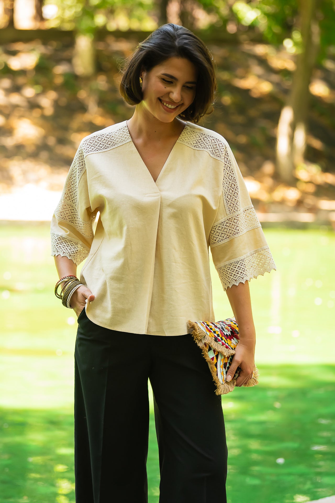 Bluza chimono crem cu dantela traditionala