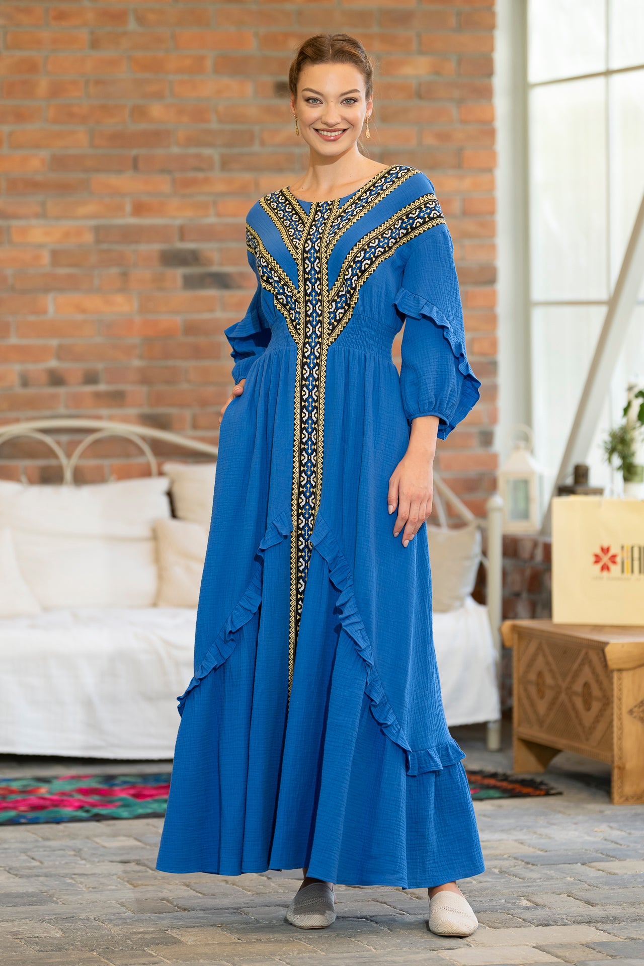 Rochia lungă Pomul Vieții albastru regal