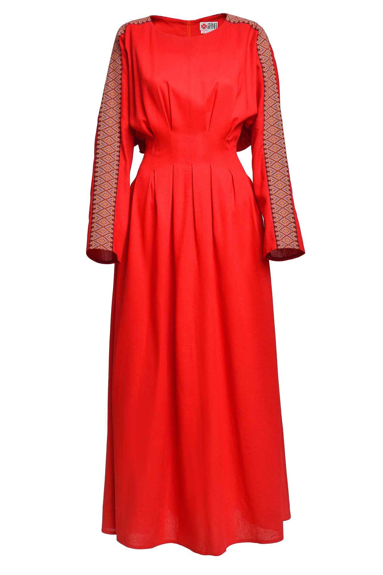 Rochia modernă din in roșu cu pense cusute și jacquard etnic