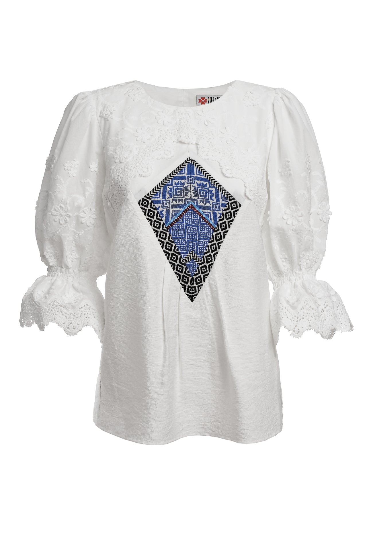 Bluză tradițională stilizată cu broderie tridimensională și jacquard etnic