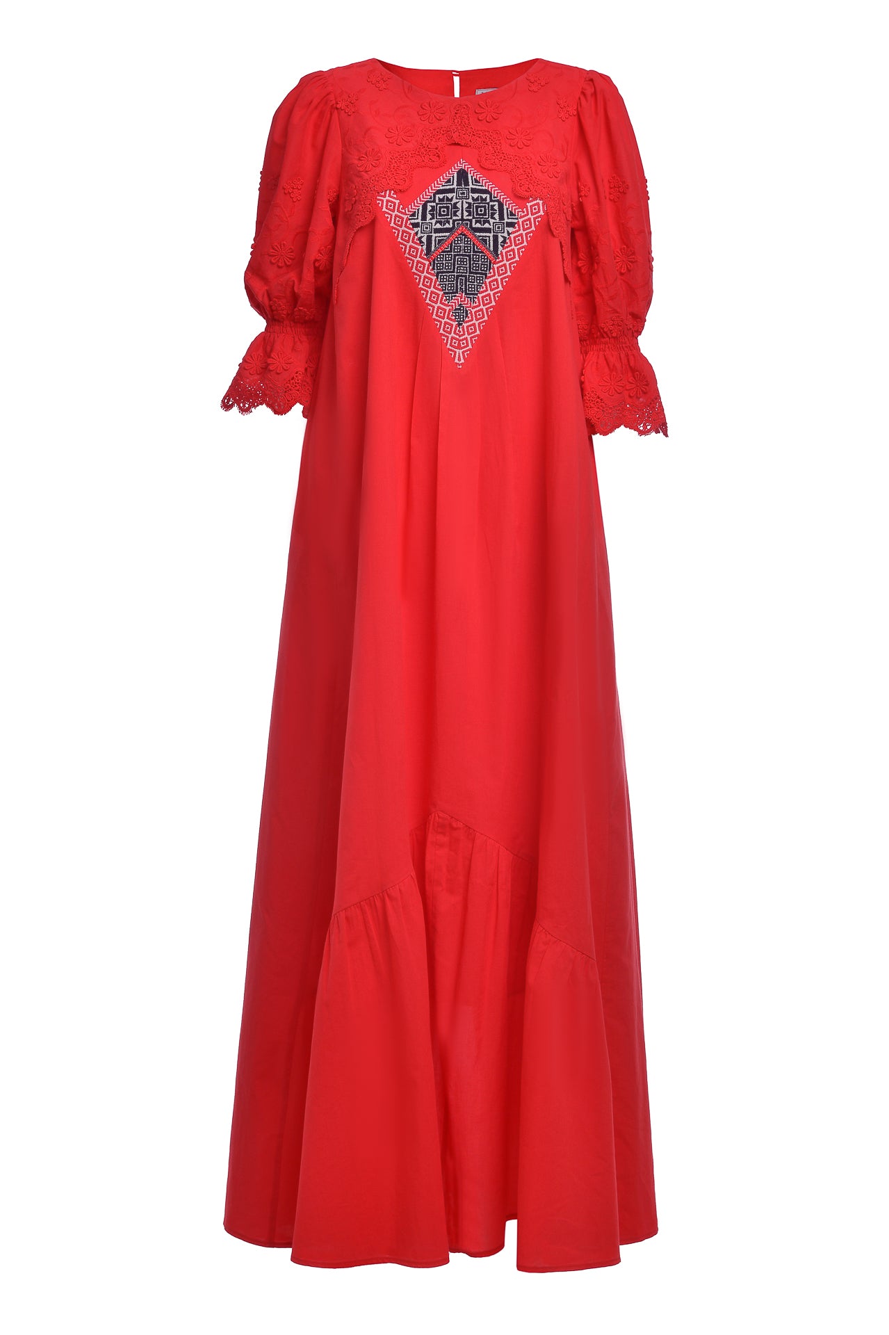Rochia lungă roșie din batist cu jacquard etnic și broderie tridimensională