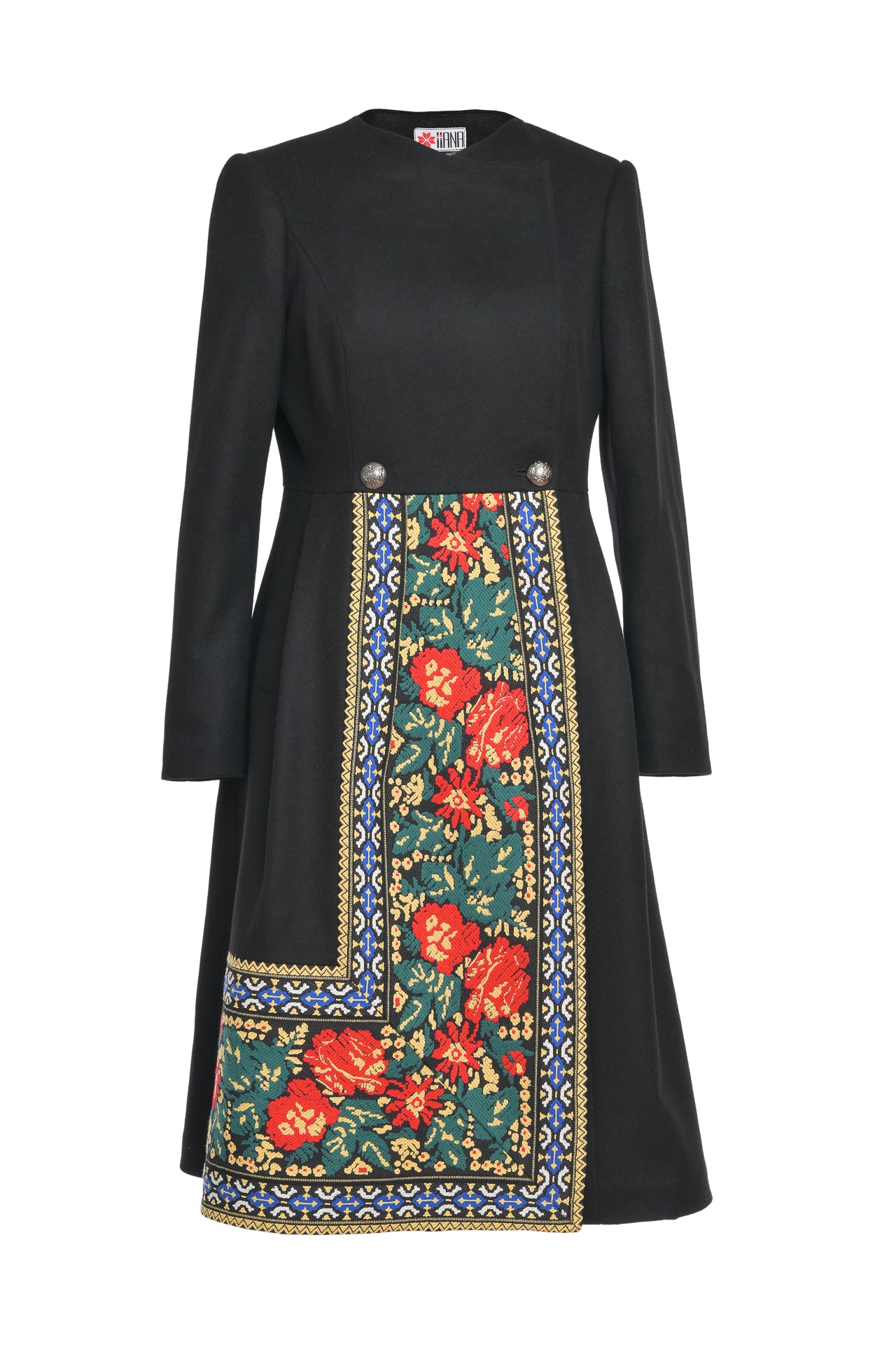 Pardesiu negru din stofa de lana cu fota din jacquard tesut