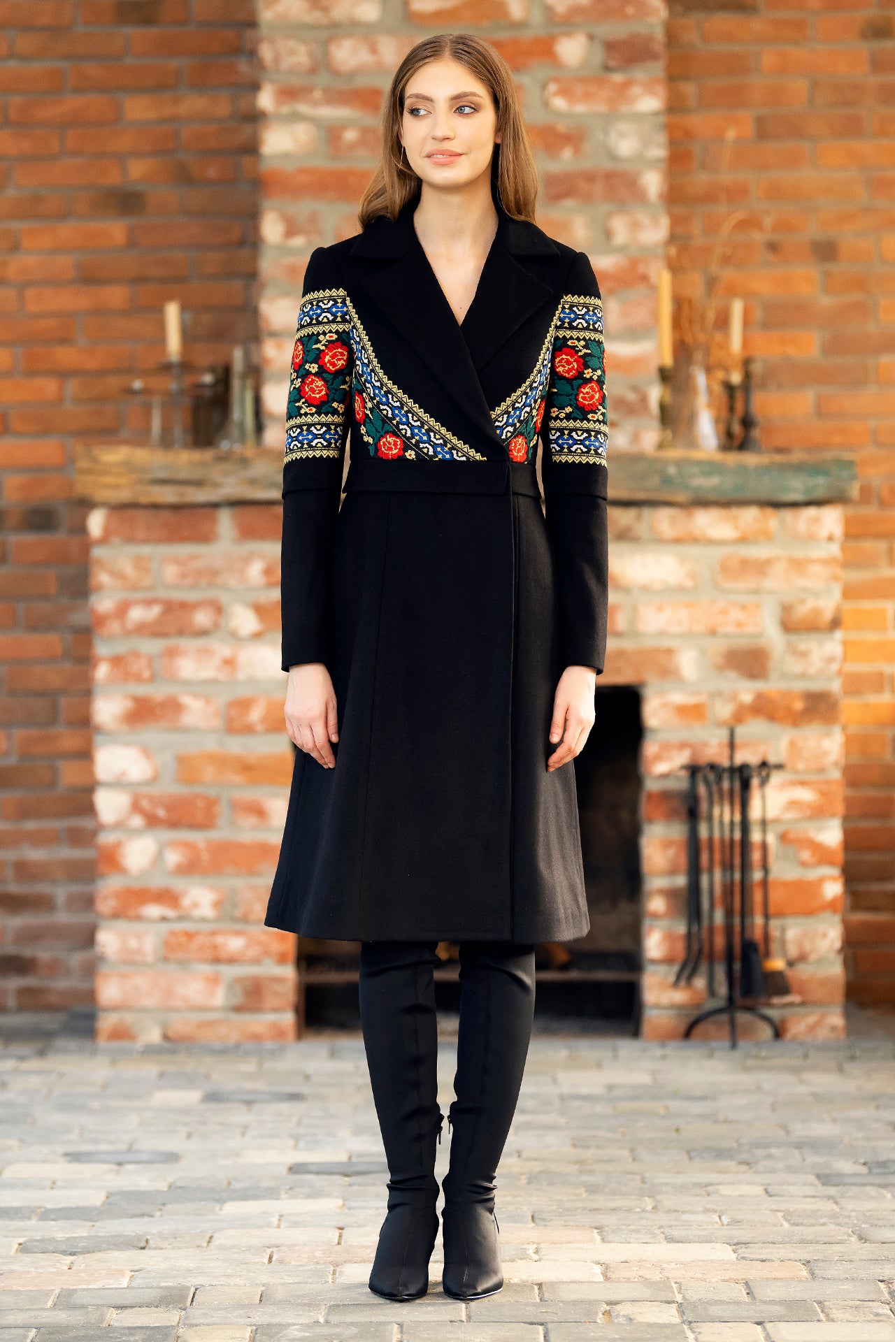 Pardesiu Midi Din Stofa De Lana Si Jacquard Etnic Fiona