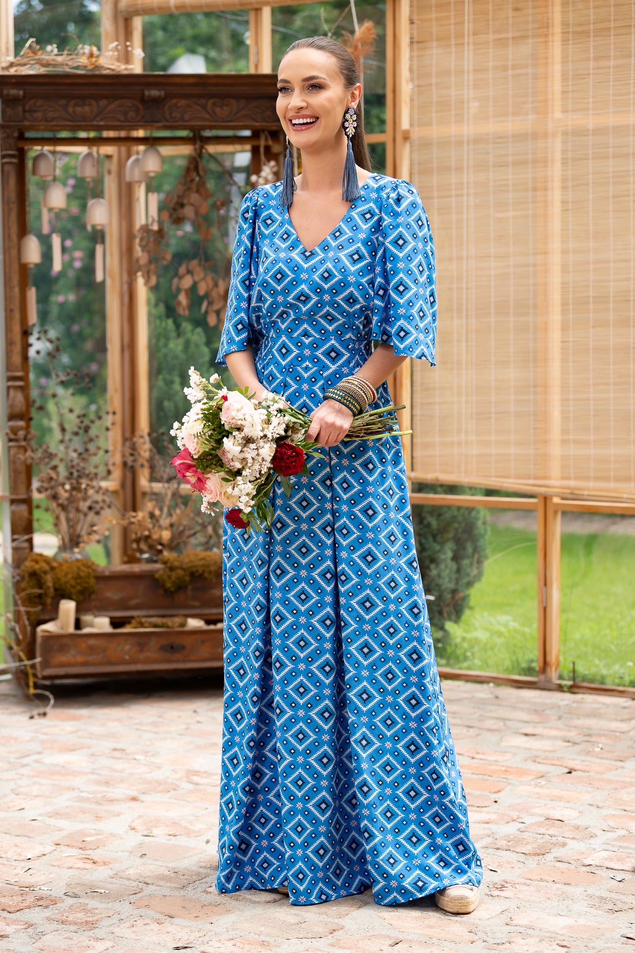 Rochie lungă din viscoză albastră cu motive tradiționale